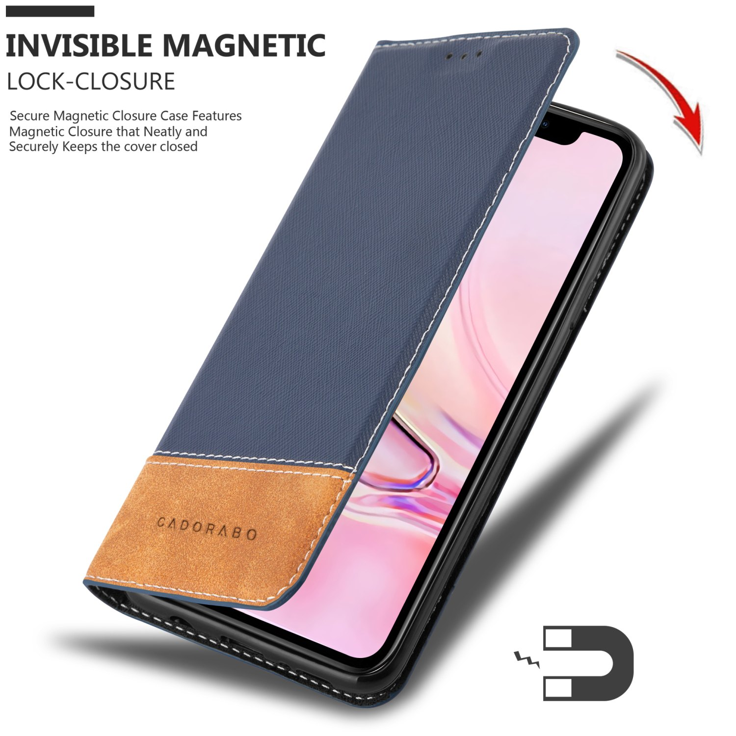 Blaue und beige Handyhülle, offen, mit Magnetverschluss und Telefon innen.