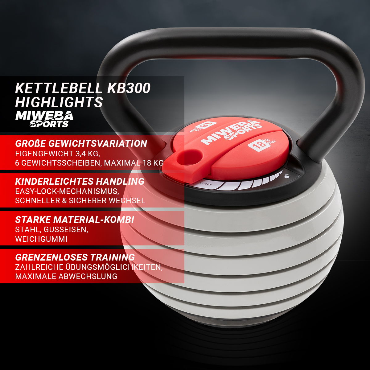 Kettlebell mit einstellbarem Gewicht. Text: Miweba Sports, Easy-Lock, Starkes Material und grenzenloses Training.