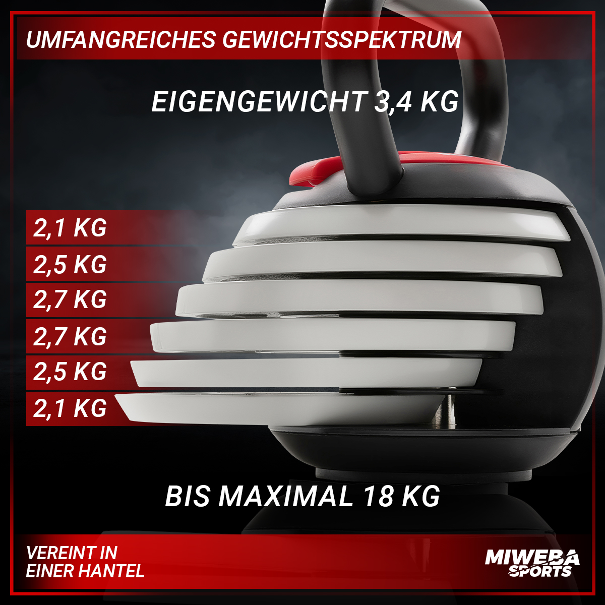 Eine Kettlebell mit verstellbaren Gewichten. Die Gewichte sind gestapelt und mit ihrem Gewicht in KG beschriftet.