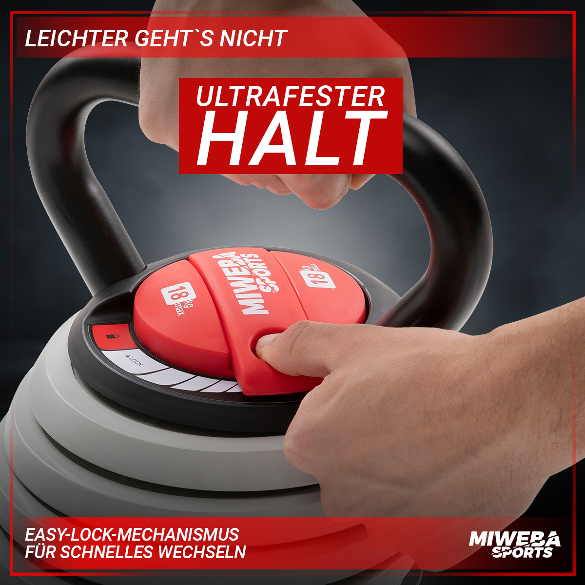 Hände halten schwarze und rote Kettlebell, mit rotem Verstellknopf und Gewicht.