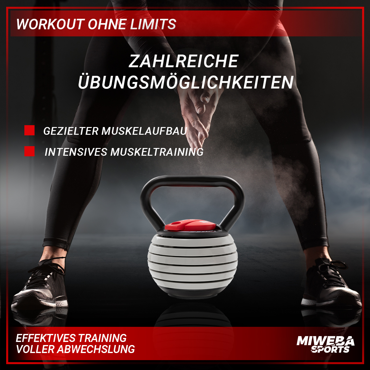 Eine Person steht mit gespreizten Beinen, Kettlebell am Boden. Text und rote Blöcke im Hintergrund.