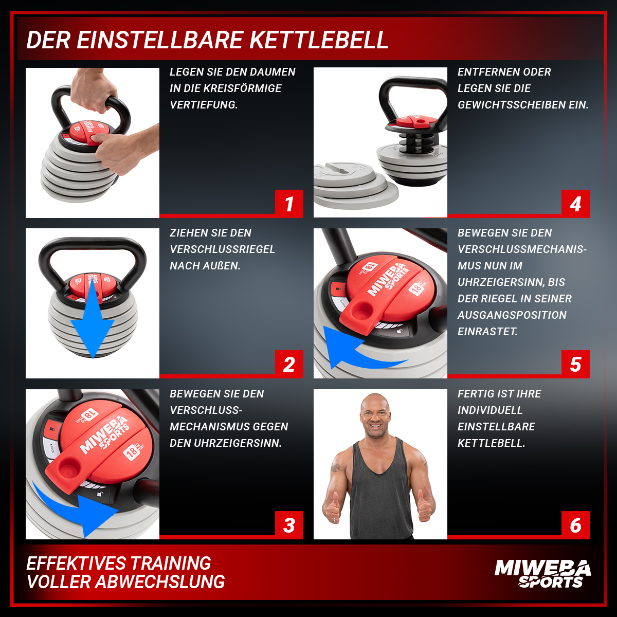 Anleitung für eine verstellbare Kettlebell. Schritte mit Bildern und Text. Ein Mann ist im Bild.