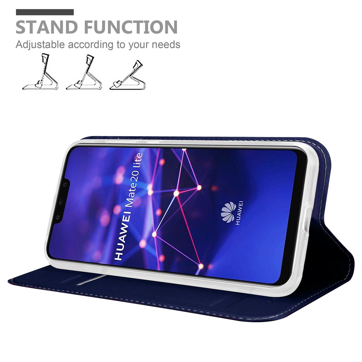 Custodia blu con telefono. Funzione supporto con 3 posizioni. Testo sullo schermo del telefono.