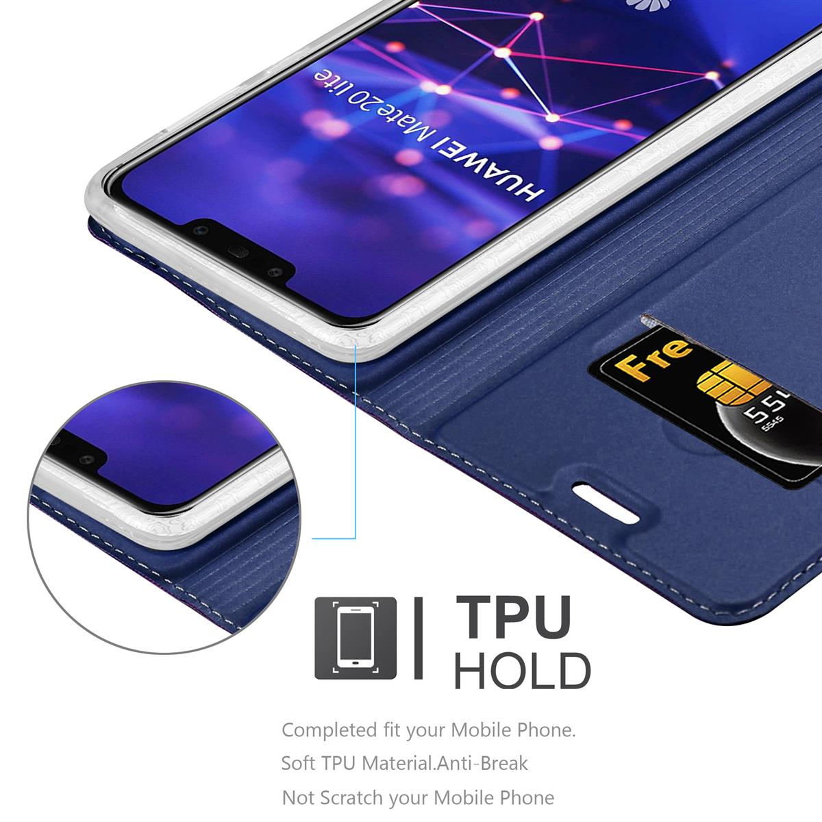Custodia del telefono aperta, interno blu. Telefono dentro, fessura per schede con scheda. Testo: TPU HOLD. Telefono: Huawei Mate 20 lite.
