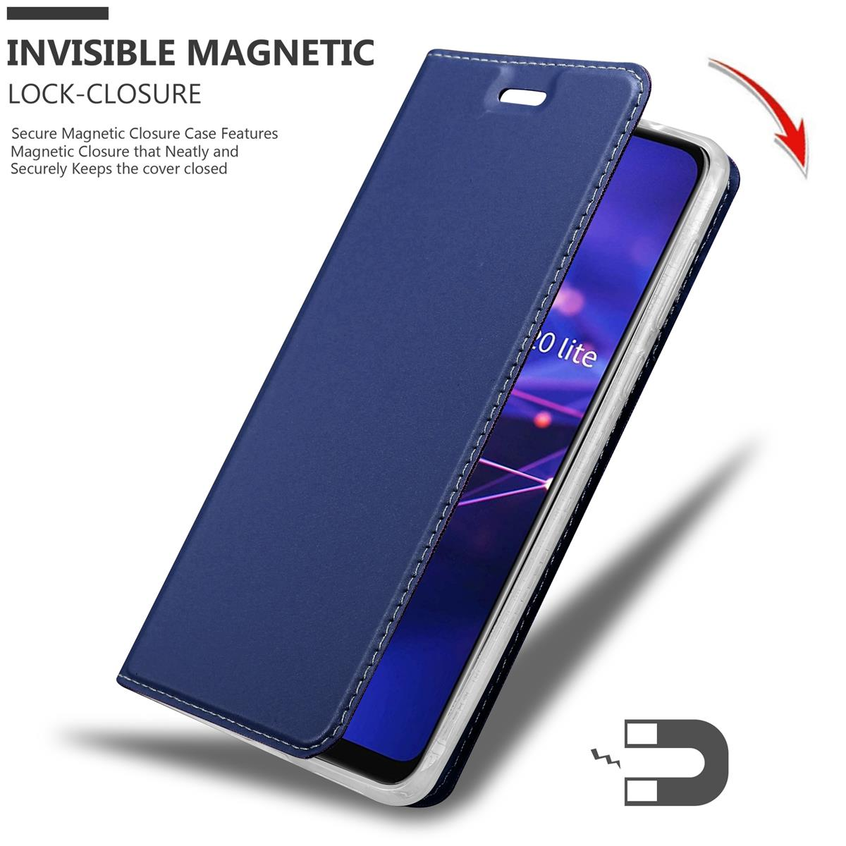 Custodia blu per telefono, aperta con telefono all'interno, un magnete e una freccia che indica la chiusura.