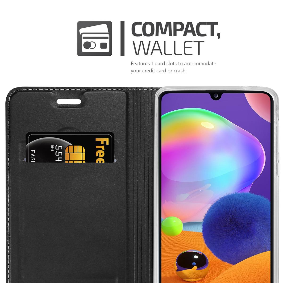 Schwarze Handyhülle geöffnet, Kartenfach mit Karte. Telefon sichtbar. Text: COMPACT, WALLET. Schwarzes Innere.