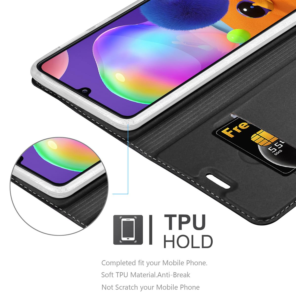 Eine geöffnete Handyhülle, die ein Telefon mit einer SIM-Karte und Details zeigt.