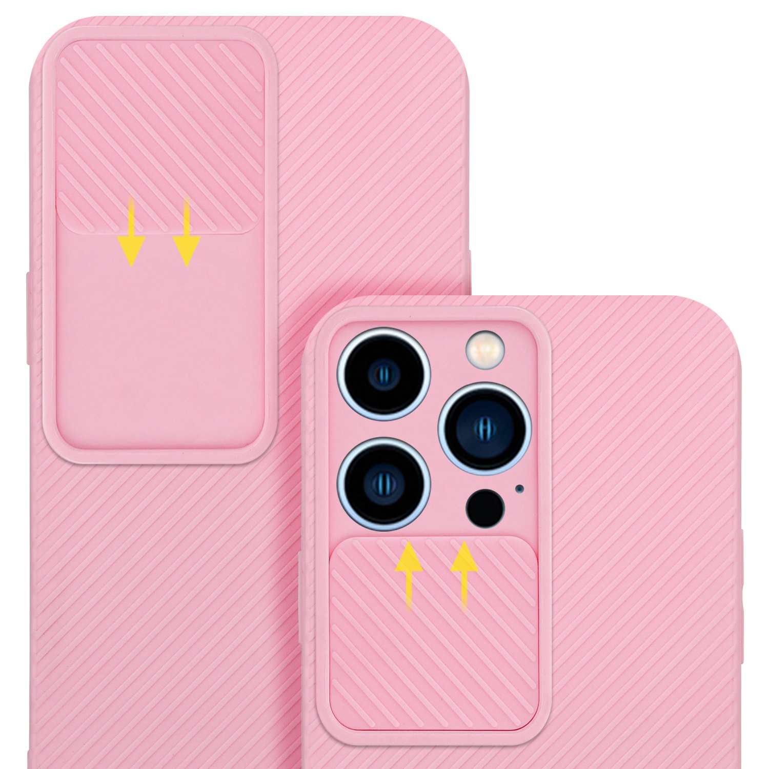 Custodia per telefono rosa con ritaglio per l'obiettivo della fotocamera. Due parti, con frecce che indicano la direzione.