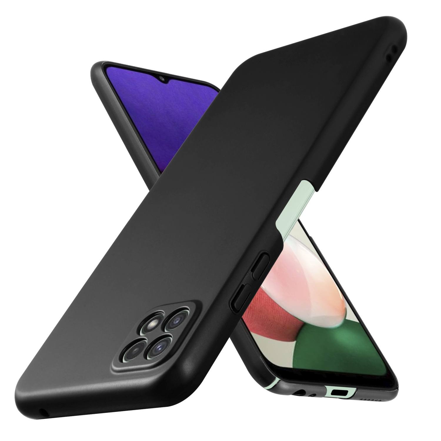 Schwarze Handyhülle. Telefon wird mit schwarzem Bildschirm angezeigt. Hülle hat einen mintgrünen Rand.