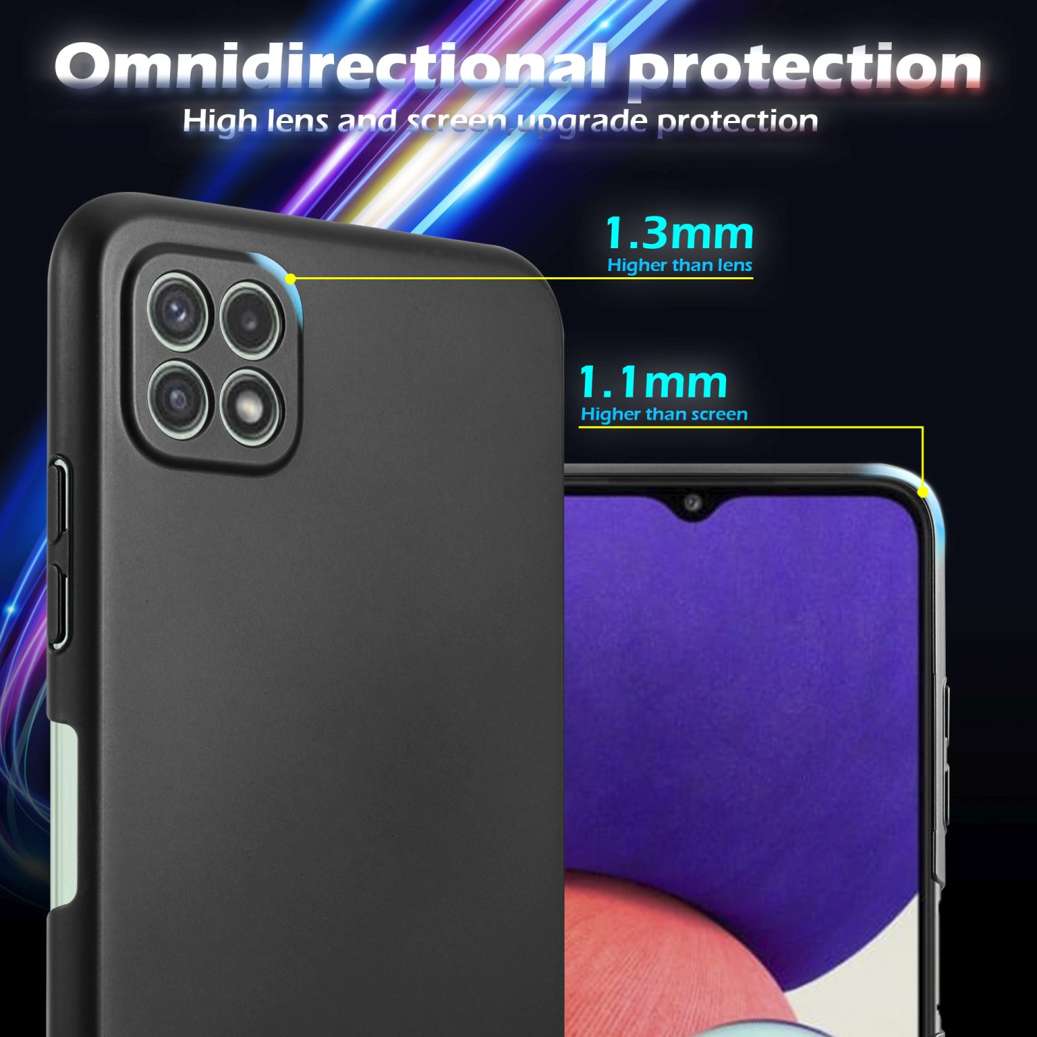 Schwarze Handyhülle mit Telefon. Zeigt Maße: 1,3 mm und 1,1 mm.