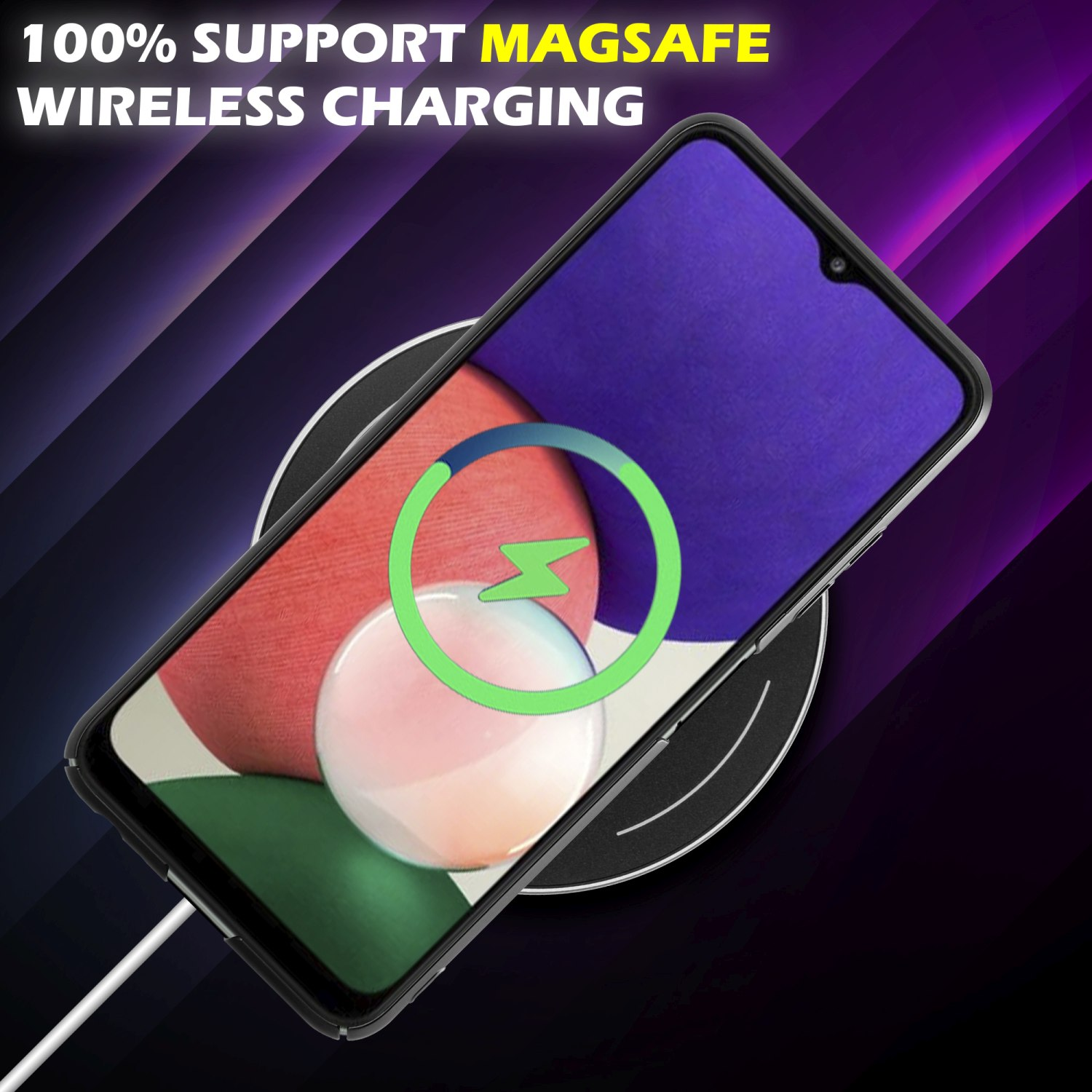 Ein Telefon in einer Hülle auf einem kabellosen Ladegerät, mit MagSafe-Ring und Ladesymbol.