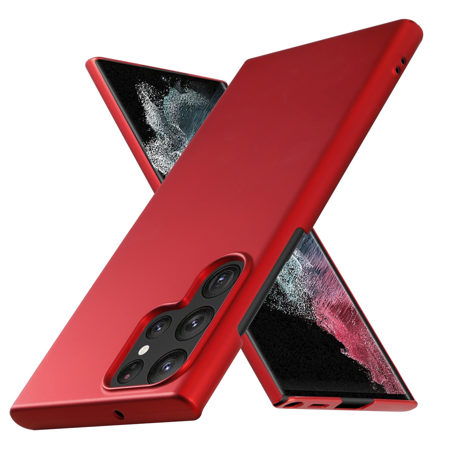 Rote Handyhülle über einem Telefon.