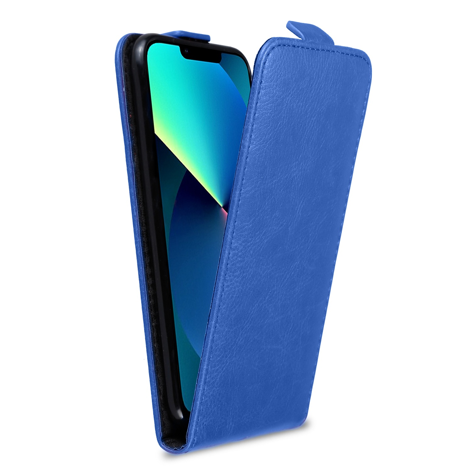Blaue Handyhülle geöffnet, zeigt ein blaues Bildschirmtelefon. Die Hülle ist Leder.