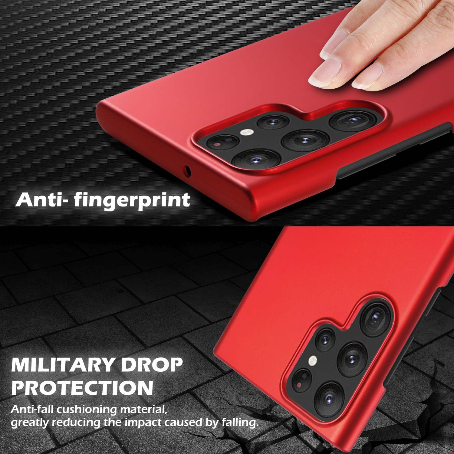 Rote Handyhülle mit Hand. Text: Anti-Fingerabdruck. Eine andere Hülle: Militärischer Fallschutz.