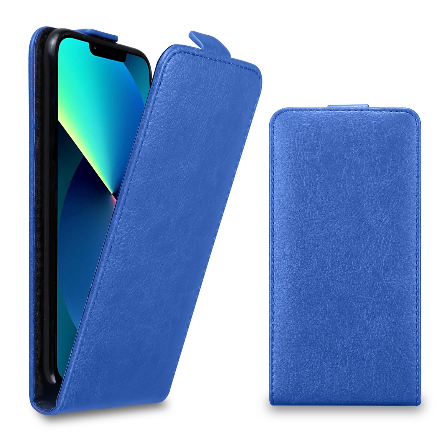 Blaue Handyhülle, Telefon darin, offen. Eine weitere Ansicht der geschlossenen Hülle. Weißer Hintergrund.