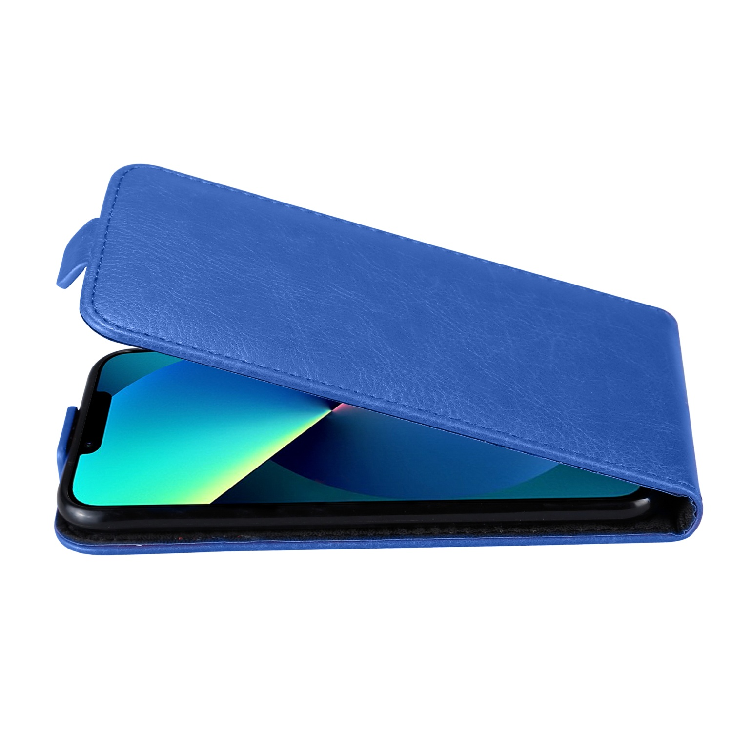 Blaue Handyhülle, die ein Handy schützt. Handy und Hülle vor weißem Hintergrund. Die Hülle ist geöffnet.