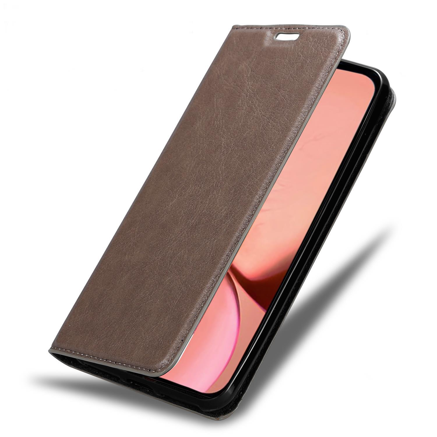Braune Leder-Handyhülle, offen, um das Telefon zu zeigen. Der Bildschirm zeigt ein pinkes Bild.