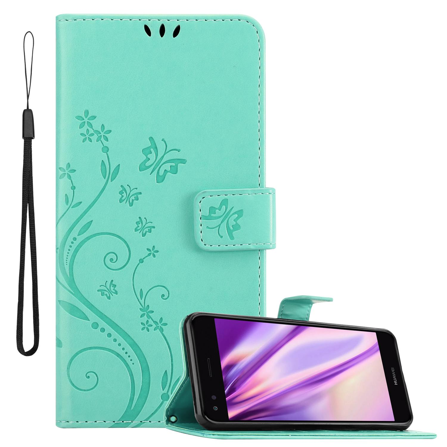 Türkisfarbene Handyhülle mit Telefon. Hülle hat Blumendesign und Riemen. Telefon ist in offener Hülle.