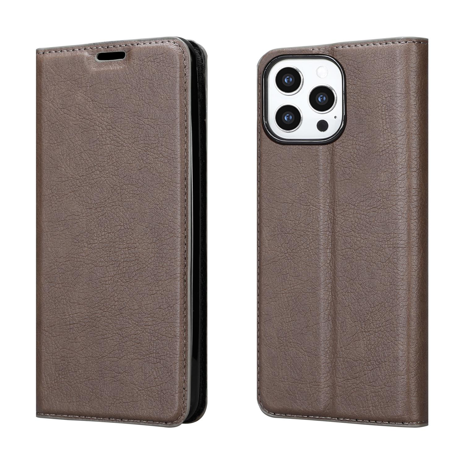 Braune Handyhülle, geöffnet, mit Telefon.