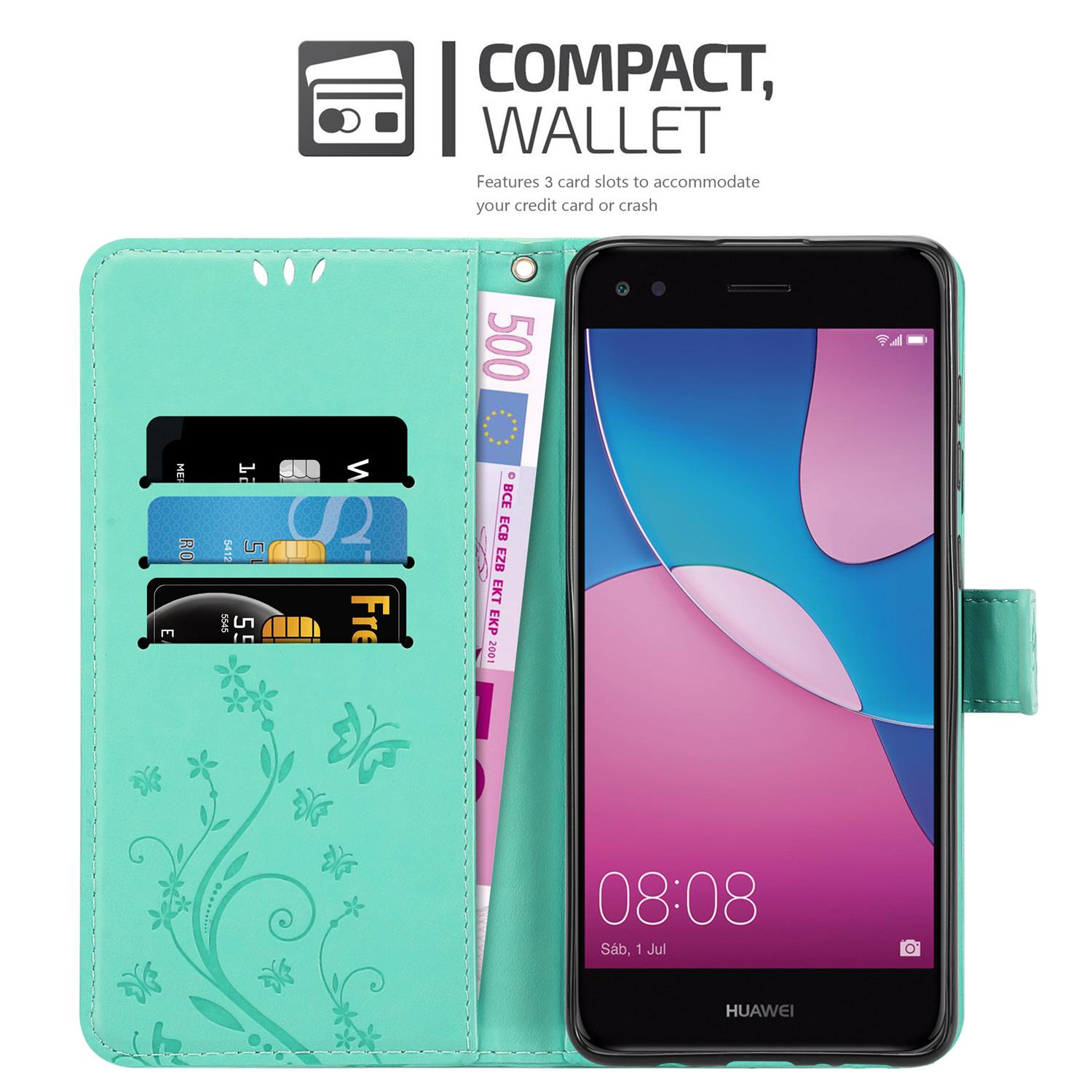 Eine mintgrüne Handyhülle mit einem Telefon darin. Im Etui befinden sich Kreditkarten und Geld.