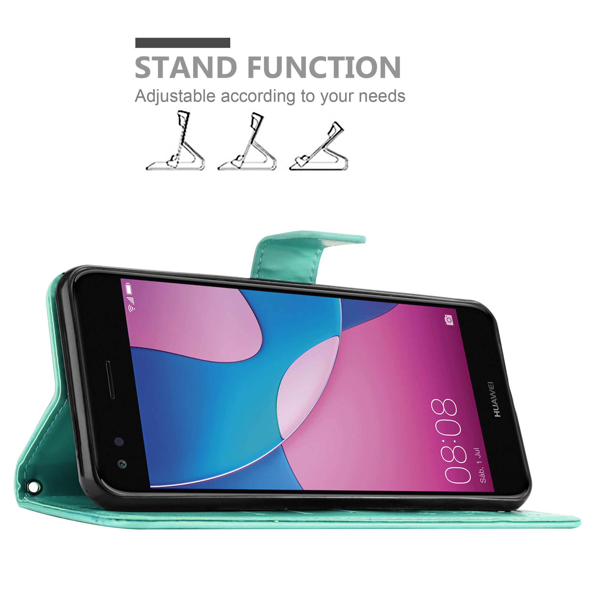 Türkisfarbene Handyhülle mit Standfunktion. Ein Telefon mit Uhranzeige ist darin.
