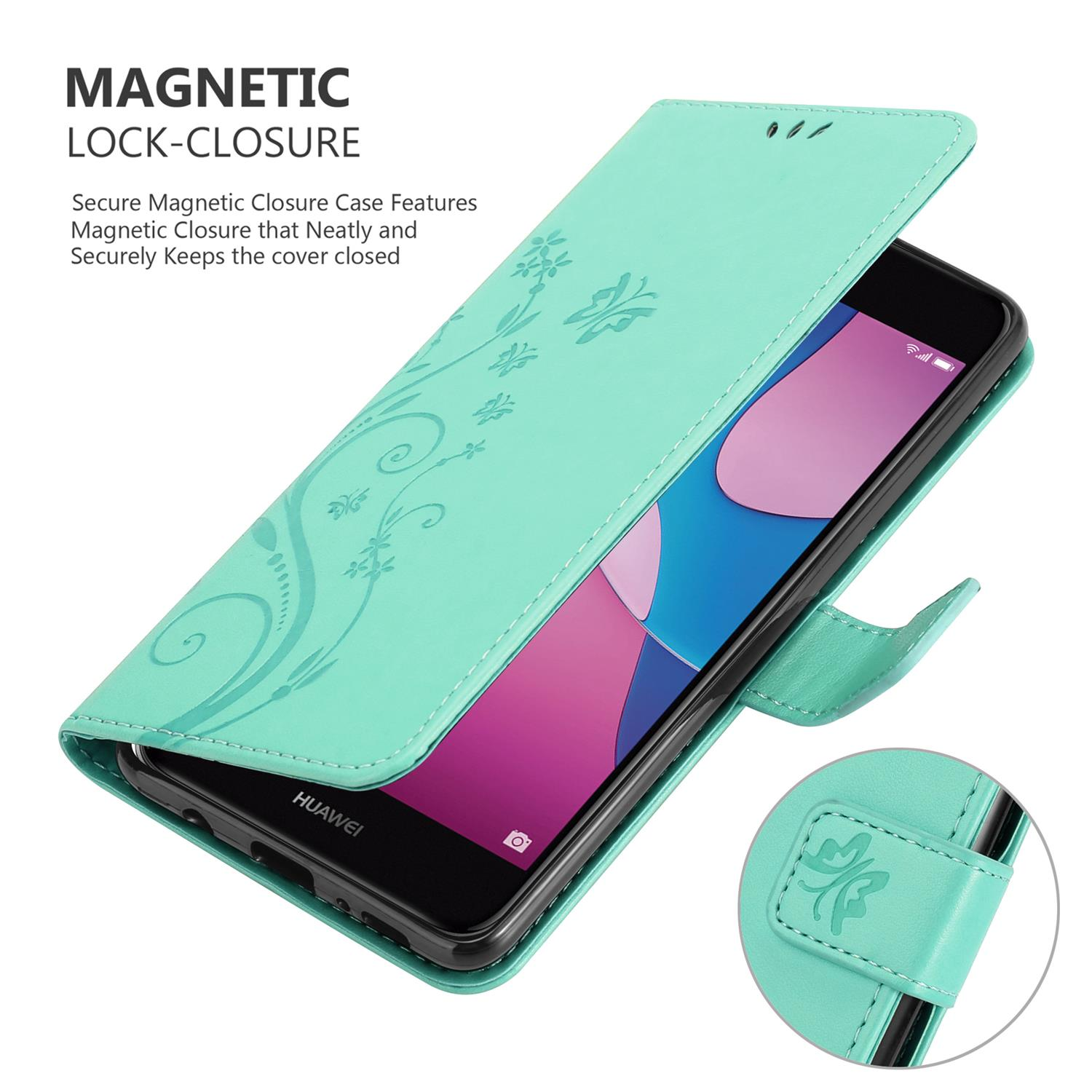 Grüne Handyhülle mit Blumendesign, geöffnet, zeigt Telefon. Text: Magnetischer Verschluss.