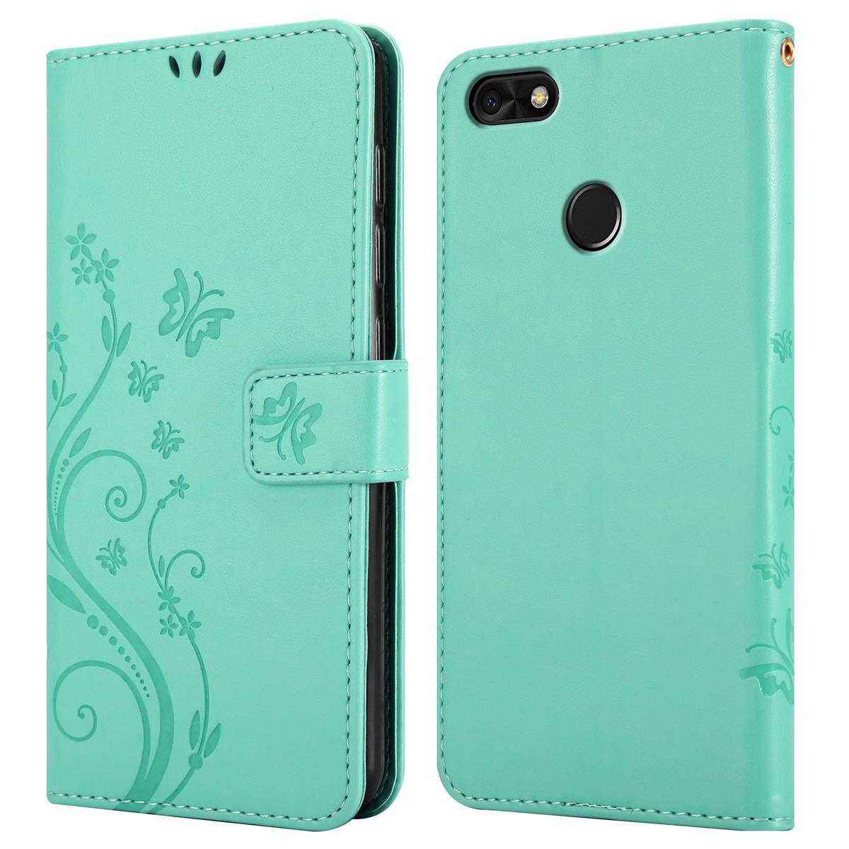 Eine türkisgrüne Handyhülle, geöffnet, um ein Telefon zu zeigen. Die Hülle hat ein Blumendesign und Schmetterlinge.
