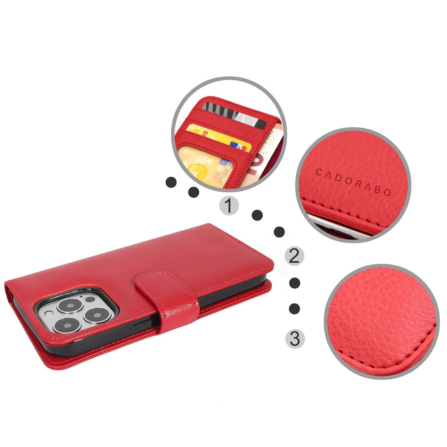 Custodia rossa per telefono con design a portafoglio, primo piano di carte e 'CADORABO' sulla pelle.