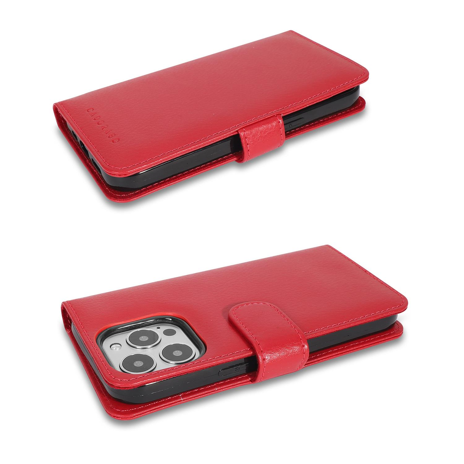 Due custodie rosse per telefono, una aperta e una chiusa. La custodia aperta mostra il retro del telefono con le fotocamere.