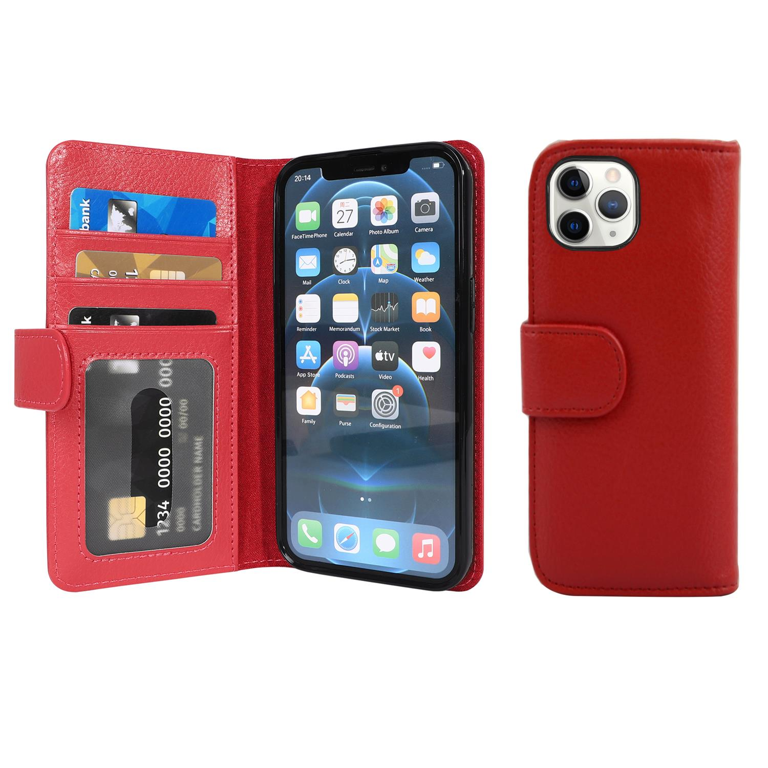 Custodia per telefono rossa aperta, con telefono, fessure e carta.