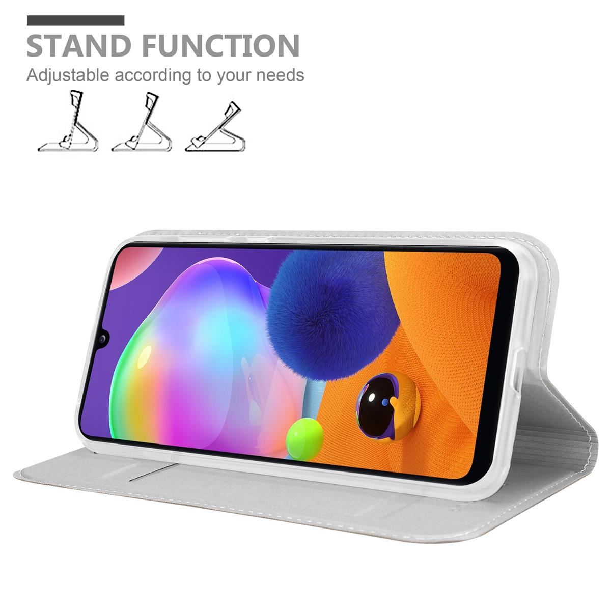 Telefon in weißem Gehäuse, geöffnet und in einem Ständer. Ständerfunktion-Symbole sind oben abgebildet.