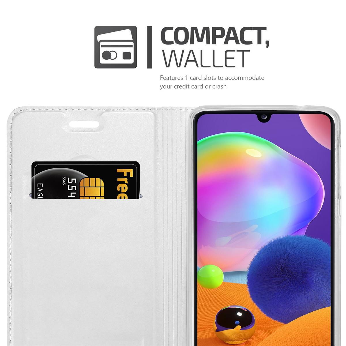 Weißes Handyhülle geöffnet, Kartenfach mit Karte. Telefon sichtbar. Text: COMPACT, WALLET. Weißes Innere.