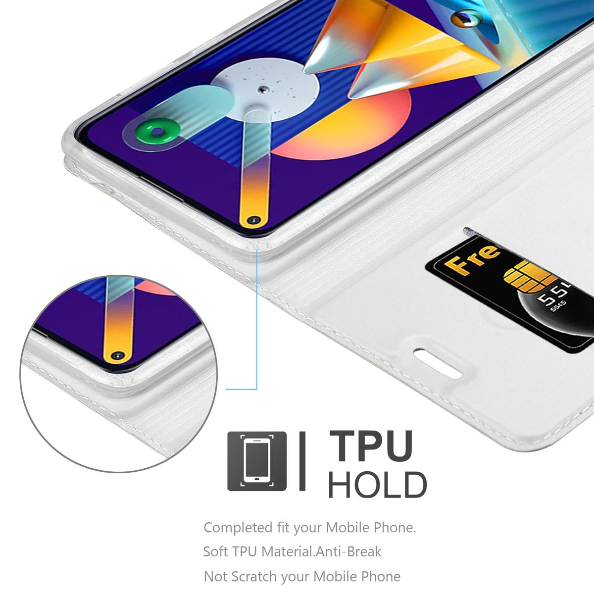 Weiße Handyhülle mit Telefon und Karte. Die Worte 'TPU HOLD' sind sichtbar.