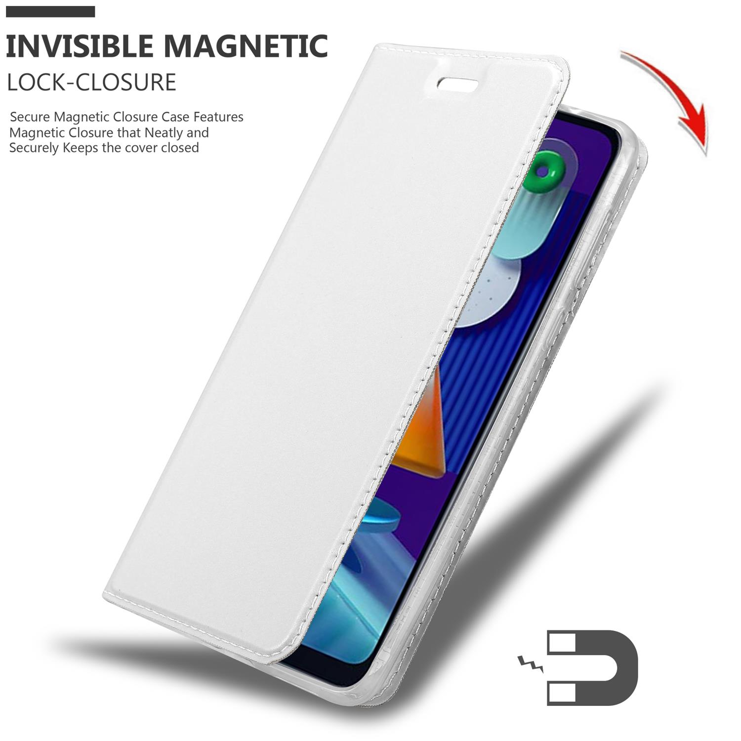 Eine weiße Handyhülle geöffnet, die ein Telefon zeigt. Zeigt die unsichtbare Magnetverschluss-Funktion.