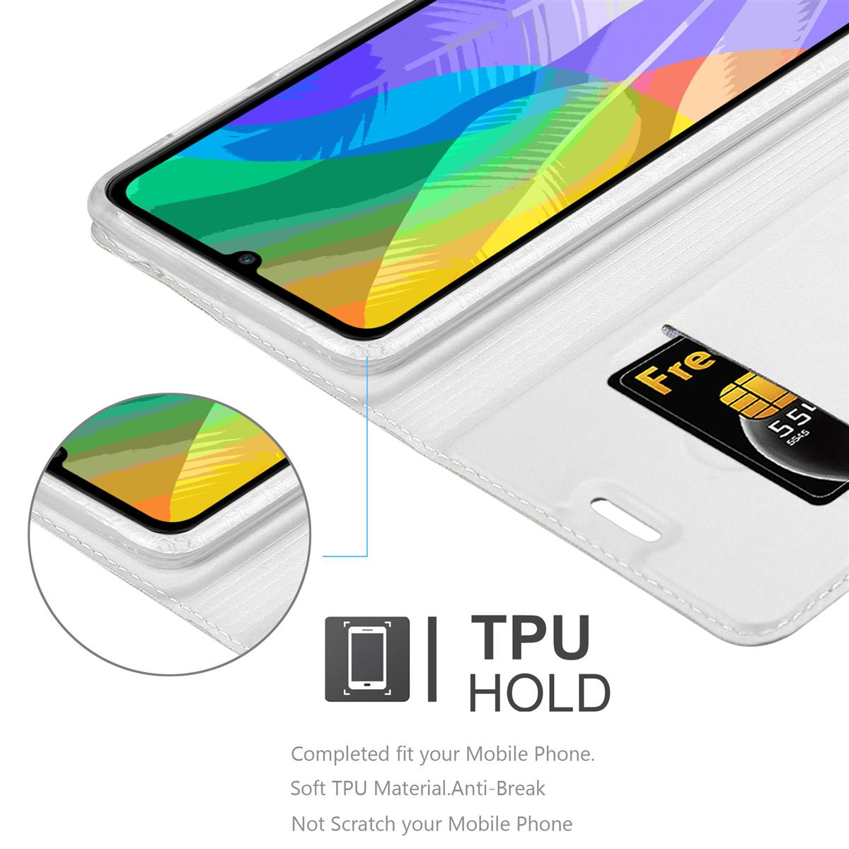 Eine weiße Handyhülle mit Telefon und Karte. Die Hülle hat eine TPU-Haltefunktion.
