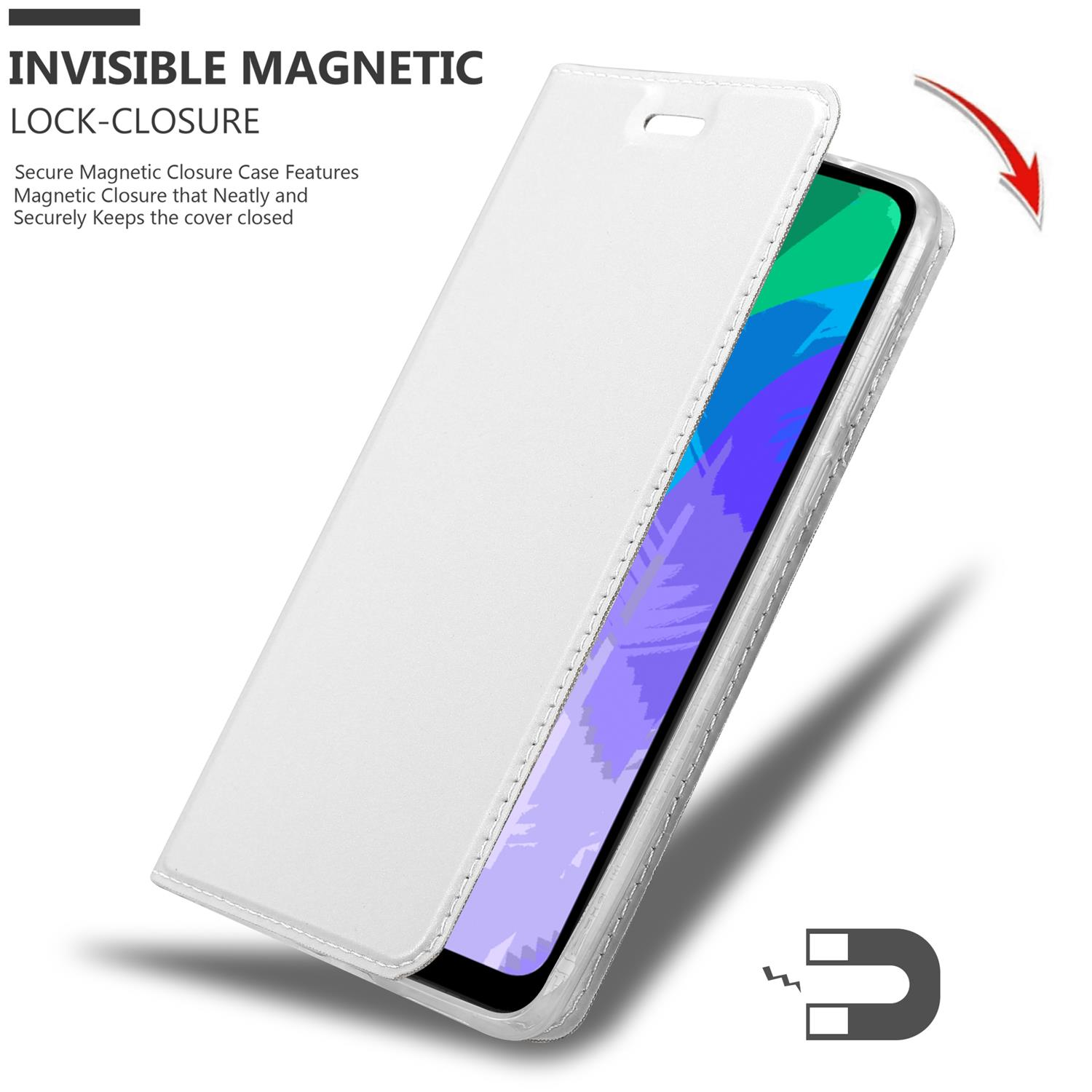 Weiße Handyhülle offen, Handy zeigend. Unsichtbarer Magnetverschluss. Magnet-Zeichen.