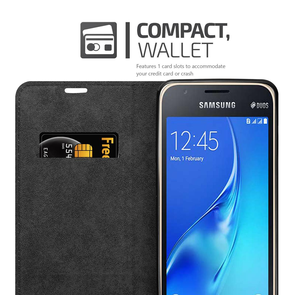 Schwarze Handyhülle mit Kartenfach und Telefon. Das Telefon zeigt den Samsung DUOS-Bildschirm.