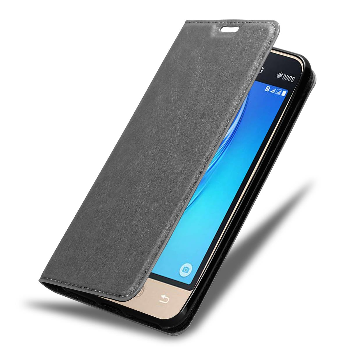 Graue Leder-Handyhülle, geöffnet, ein Telefon enthüllend, mit geöffneter oberer Abdeckung.