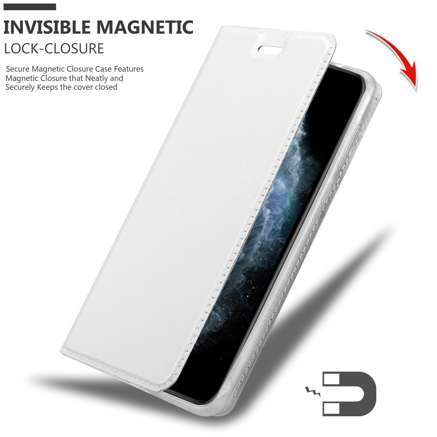 Weiße Handyhülle offen, Magnetsymbol. Magnetverschluss sichert Abdeckung.