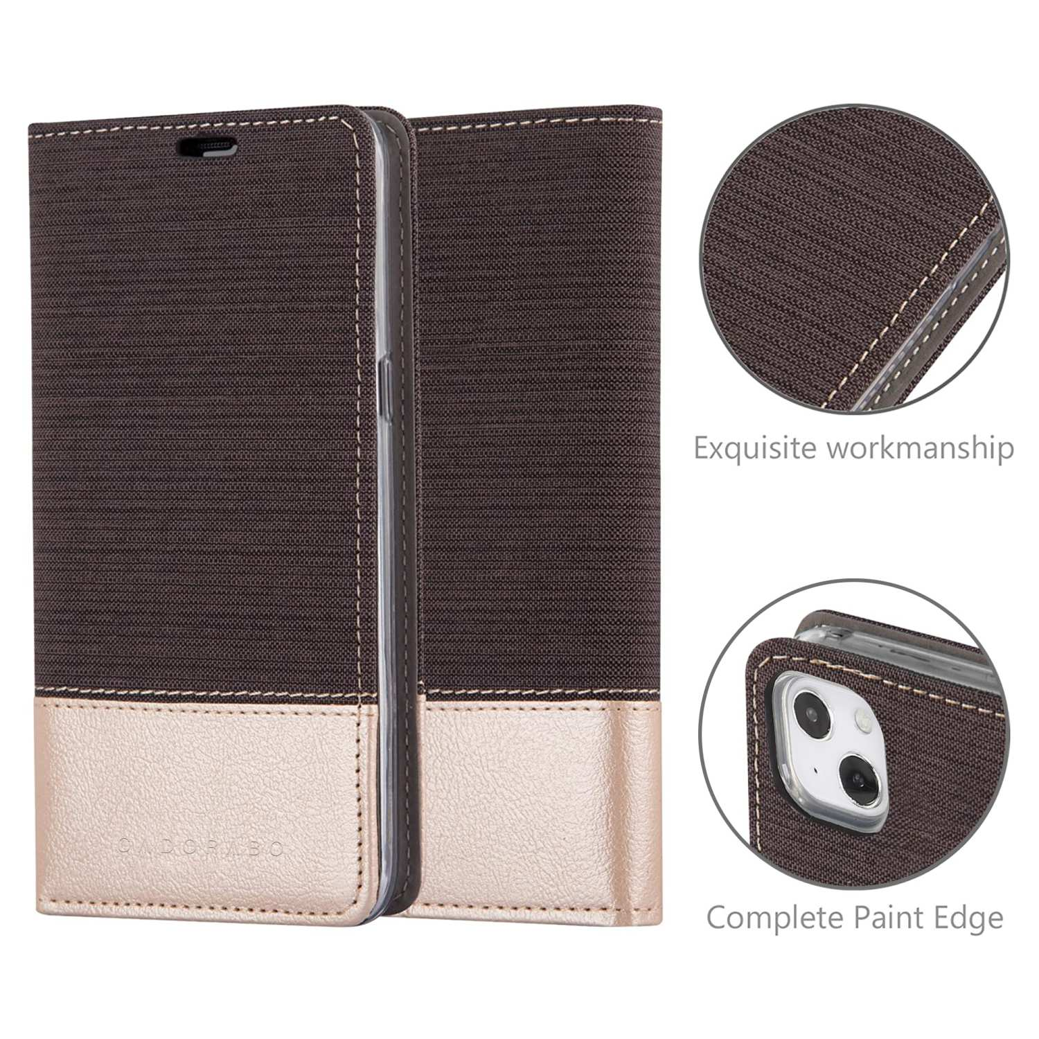 Coque de téléphone marron et dorée, ouverte. Détails de la coque, avec coutures et un dos transparent.