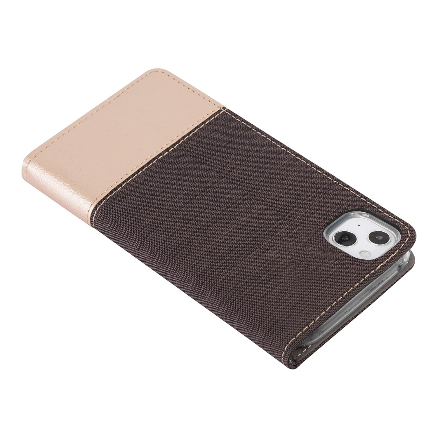 Étui de téléphone, marron et beige, avec un téléphone à l'intérieur. L'étui a une bordure cousue.