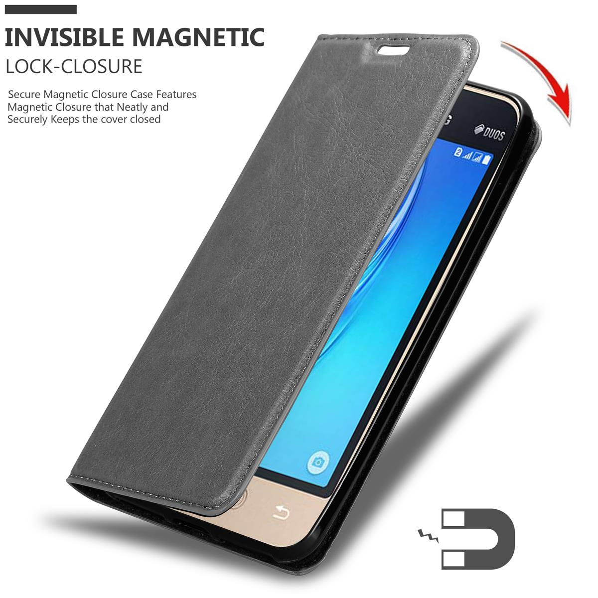 Graue Handyhülle mit Magnetverschluss, geöffnet, um ein Telefon zu zeigen.