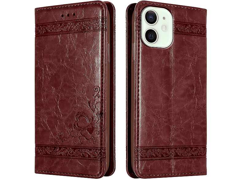 CADORABO Handyhülle mit Ornamenten, Bookcover, iPhone 12 Dunkel Apple, Rot MINI