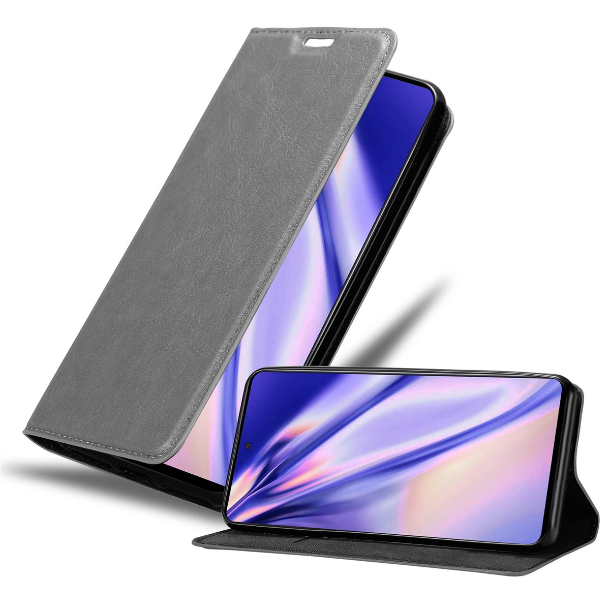 Eine graue Handyhülle mit einem Telefon darin. Die Hülle ist geöffnet.