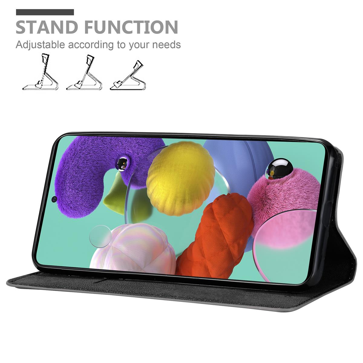 Handyhülle mit Standfunktion. Das Telefon ist im Inneren, mit einem bunten Hintergrund sichtbar.
