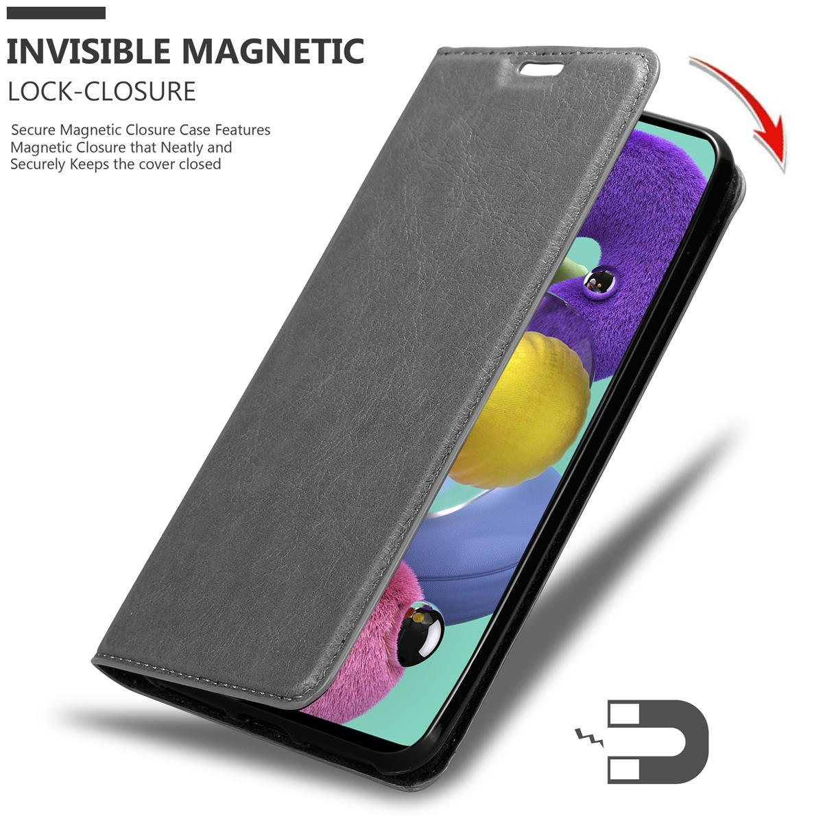 Graue Handyhülle offen, zeigt ein Telefon. Unsichtbarer Magnetverschluss wird angezeigt.