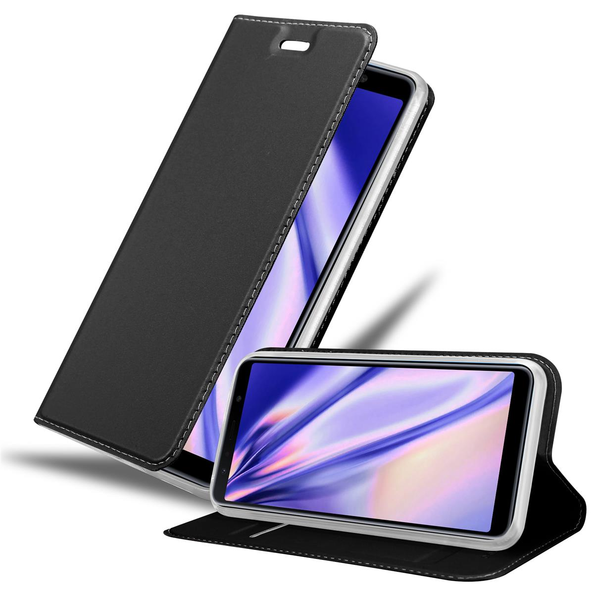 Custodia per telefono nera, aperta, con un telefono all'interno. Il telefono è visibile e la custodia è aperta.
