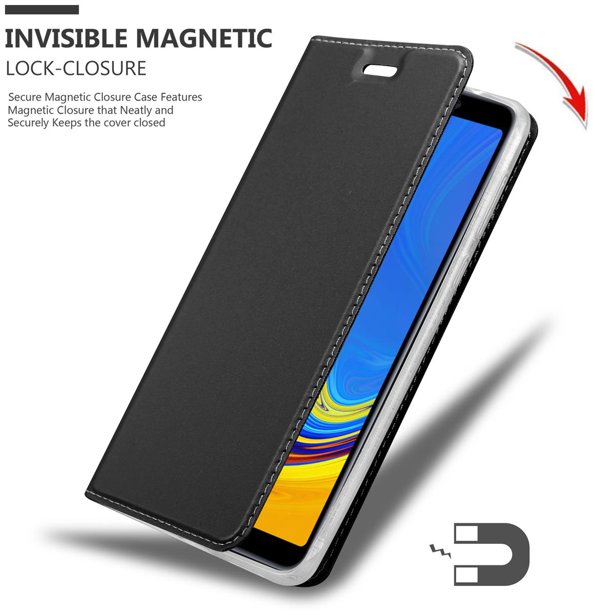 Custodia nera, aperta, mostra un telefono. Testo: Chiusura magnetica invisibile. Icona magnete.