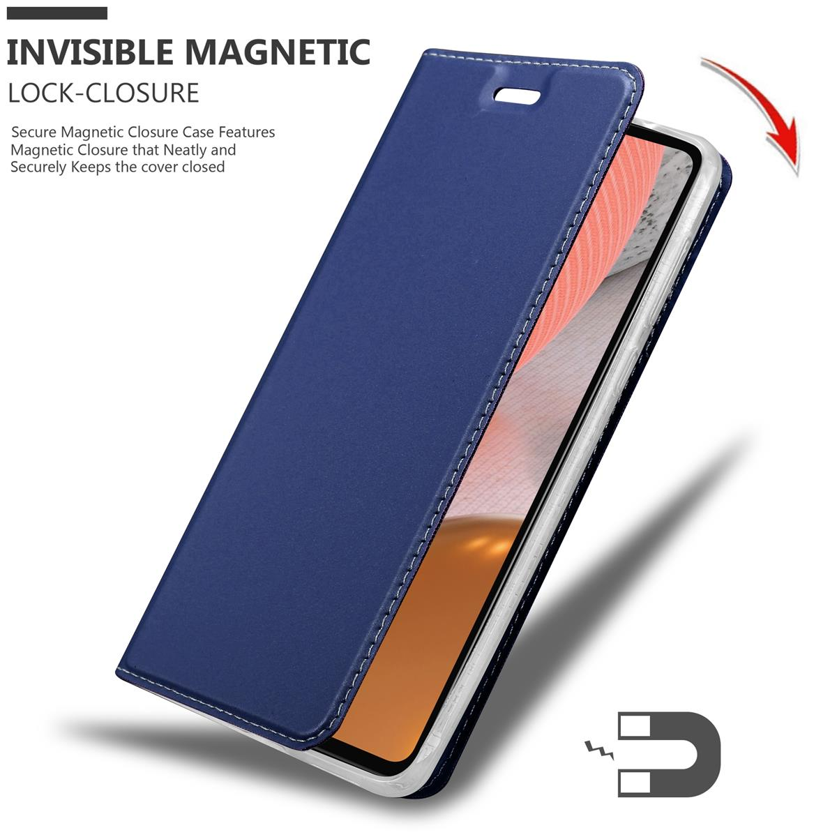Blaue Handyhülle mit magnetischem Verschluss, zeigt ein Telefon im Inneren.
