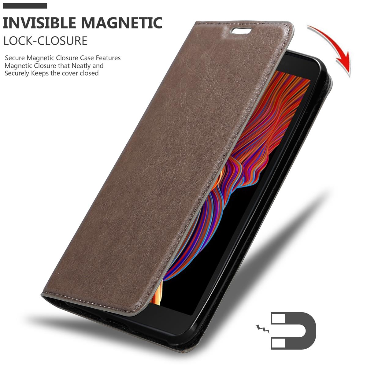 Braune Handyhülle mit magnetischem Verschluss. Die Hülle ist geöffnet und zeigt das Telefon.